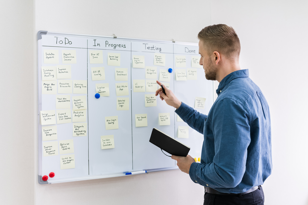 Side View Of Businessman Writing On Sticky Notes Attached To White Board In Office